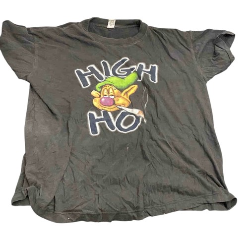 11 - Black cotton short-sleeve T-shirt featuring airbrushed-style HIGH HO text and cartoon dwarf smoking ... 