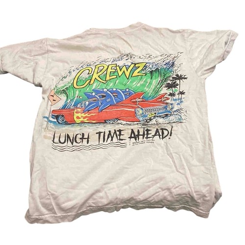 12 - White short-sleeved cotton T-shirt, back with large colourful CREWZ / Lunch Time Ahead! shark-in-car... 