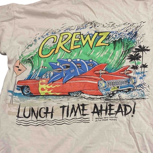12 - White short-sleeved cotton T-shirt, back with large colourful CREWZ / Lunch Time Ahead! shark-in-car... 