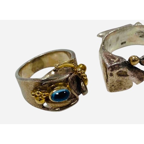 2 - Two statement piece Silver Rings, one with gold trim and blue gemstone