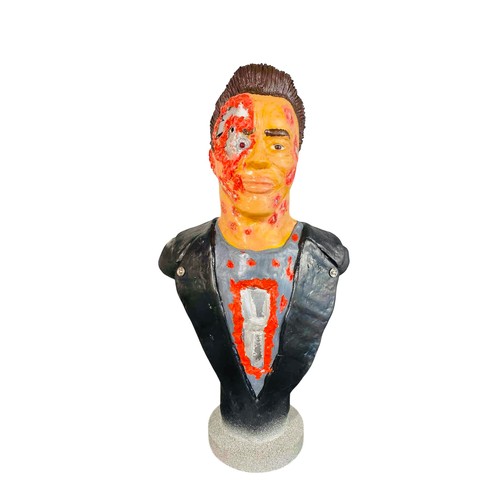 38 - A painted Terminator 2 bust sculpture of a male figure in a black jacket with simulated facial injur... 