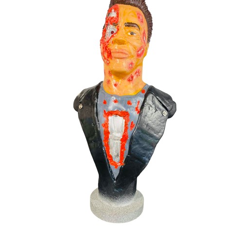 38 - A painted Terminator 2 bust sculpture of a male figure in a black jacket with simulated facial injur... 