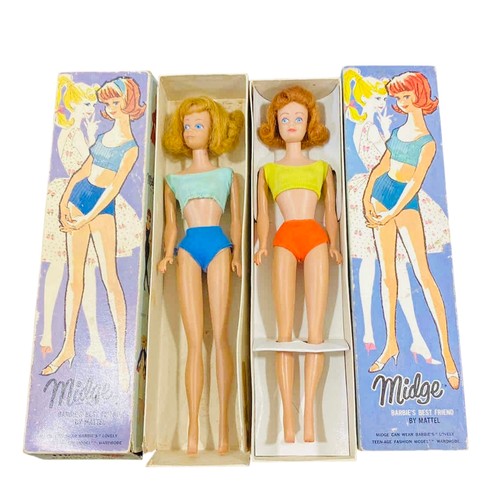 36 - 2 vintage Mattel Midge, Barbie's Best Friend fashion dolls, with original illustrated card boxes and... 