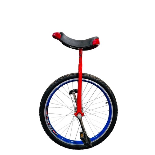 34 - A single-wheel unicycle with red metal frame, black saddle with red bumpers, blue-rimmed spoked whee... 