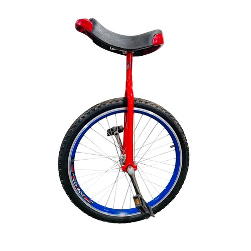 34 - A single-wheel unicycle with red metal frame, black saddle with red bumpers, blue-rimmed spoked whee... 
