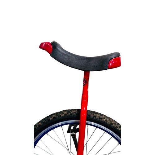 34 - A single-wheel unicycle with red metal frame, black saddle with red bumpers, blue-rimmed spoked whee... 
