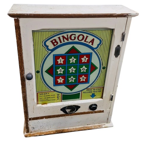 12 - A vintage Bingola mechanical arcade or pub game in a painted wooden cabinet, with printed score glas... 