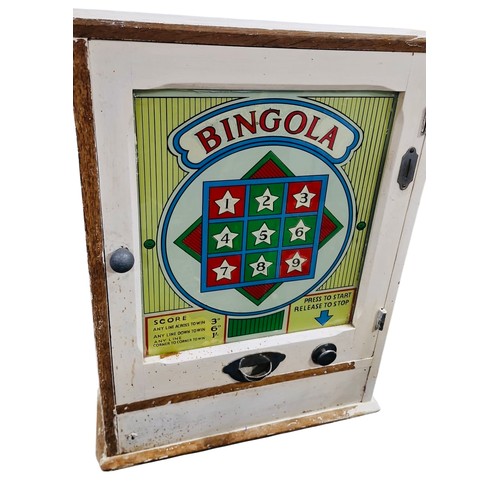 12 - A vintage Bingola mechanical arcade or pub game in a painted wooden cabinet, with printed score glas... 