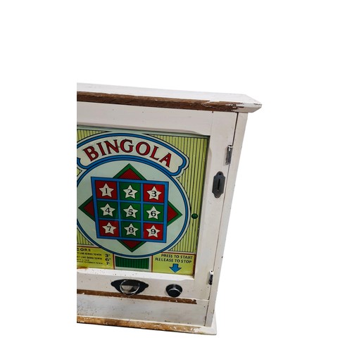 12 - A vintage Bingola mechanical arcade or pub game in a painted wooden cabinet, with printed score glas... 