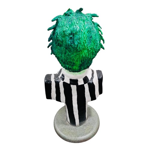 42 - A painted bust model of a Beetlejuice, green-haired character in black-and-white striped suit, mount... 