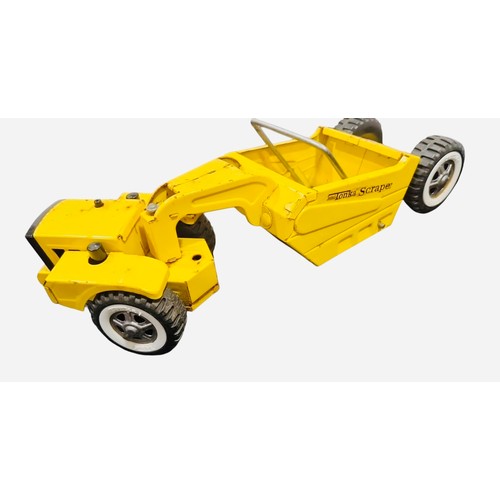 23E - A Tonka mini Tonka Scraper die-cast construction toy in yellow, with articulated tractor and scraper... 