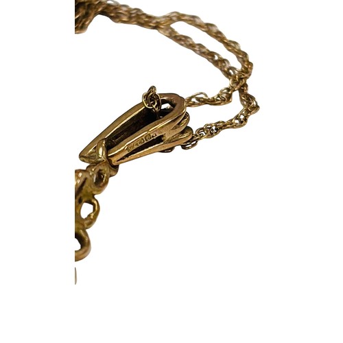 42 - 9CT Gold pendant necklace, the openwork triangular drop terminating in a pearl; the chain with sprin... 