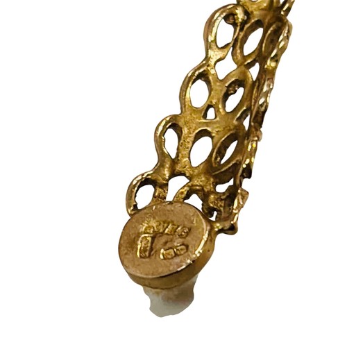 42 - 9CT Gold pendant necklace, the openwork triangular drop terminating in a pearl; the chain with sprin... 