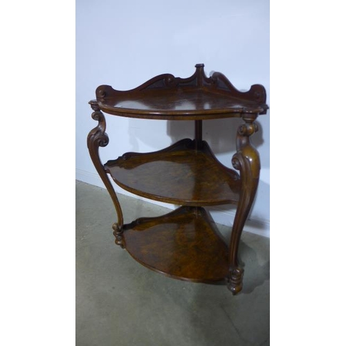 113 - A 19th Century Burr Walnut Corner Whatnot on Cabriolle Supports, 123cm high x 70cm wide