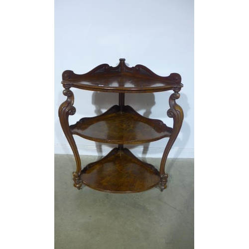 113 - A 19th Century Burr Walnut Corner Whatnot on Cabriolle Supports, 123cm high x 70cm wide