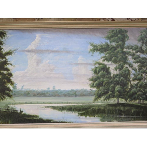 478 - An oil on canvas landscape entitled River Roding, Curtismill Green, Essex by Clive Edwards, 49cm x 1... 