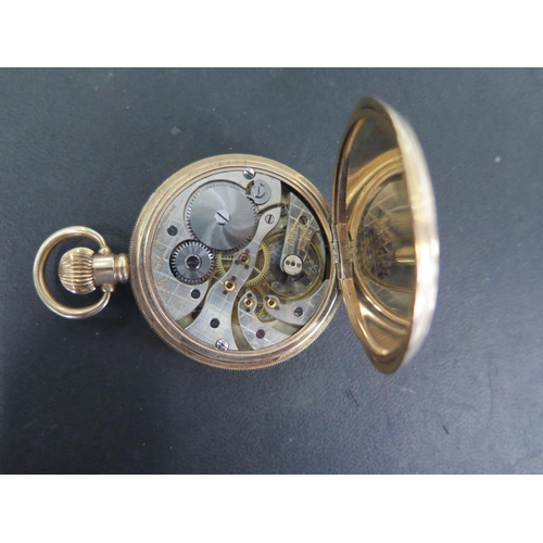 1064 - A gold plated manual wind Hunter pocket watch the dial signed Harris Stone Leeds - 50mm wide - clean... 