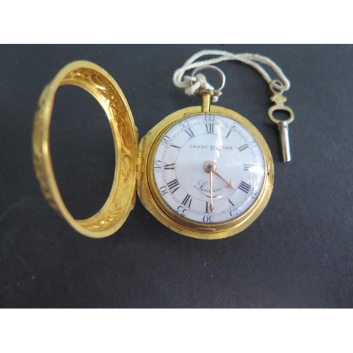 1080 - A gilt metal paired case pocket watch by Isaac Rogers of London circa 1760 the white enamel dial wit... 