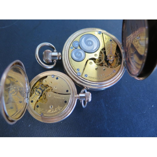 1081 - A brass cased Elgin full Hunter pocket watch with white enamel dial and Arabic numerals, subsidiary ... 