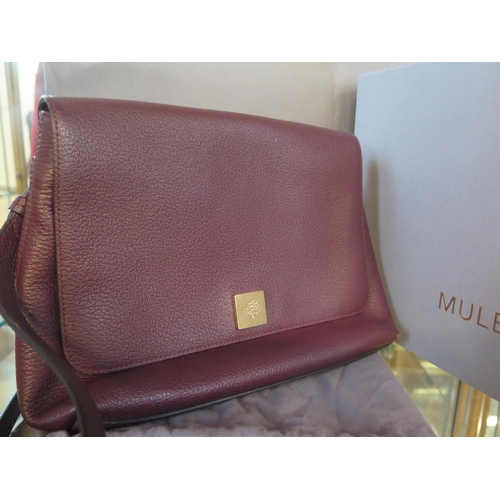 1200 - A Mulberry maroon leather shoulder bag with fold over top and magnetic catch box, cover and bag - 20... 