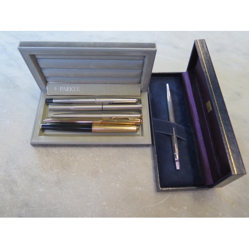 1250 - A silver/silver plate Caran D'Ache biro in box, Parker 61 fountain pen, rare Parker IIL ball point a... 