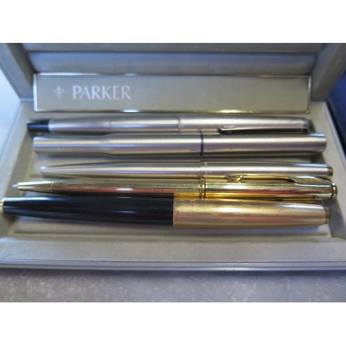 1250 - A silver/silver plate Caran D'Ache biro in box, Parker 61 fountain pen, rare Parker IIL ball point a... 