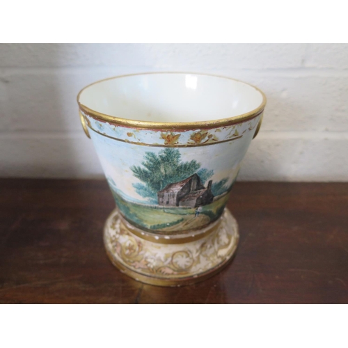 1252 - A 19th century over painted two piece flower pot - Height 13cm - and a Pate sur Pate cheese bell - H... 