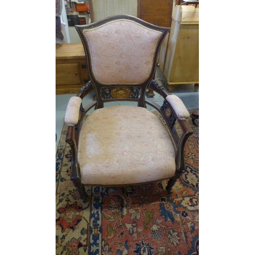 159 - An Edwardian inlaid upholstered open armchair