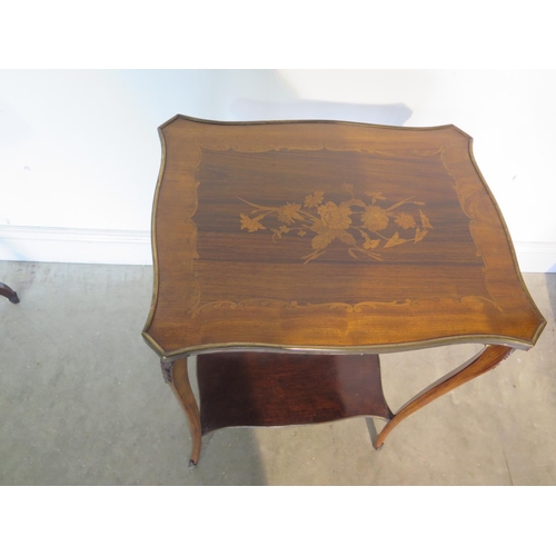 257 - A 19th marquetry inlaid two tier mahogany side table with shaped top and ormolu mounts - Height 74cm... 