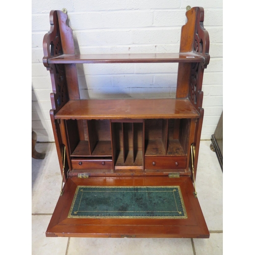 259 - A Victorian mahogany secretaire wall hanging shelf with a fitted interior and fretwork sides - Heigh... 