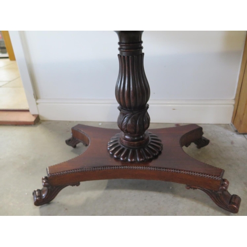 316 - A 19th century rosewood sofa table with drop end flaps on a carved column and quatrefoil platform ba... 