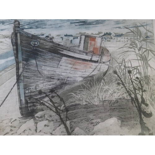 455 - Richard Bawden signed coloured etching - Old boat - 23/100 - 42cm x 55cm - good condition, minor mar... 