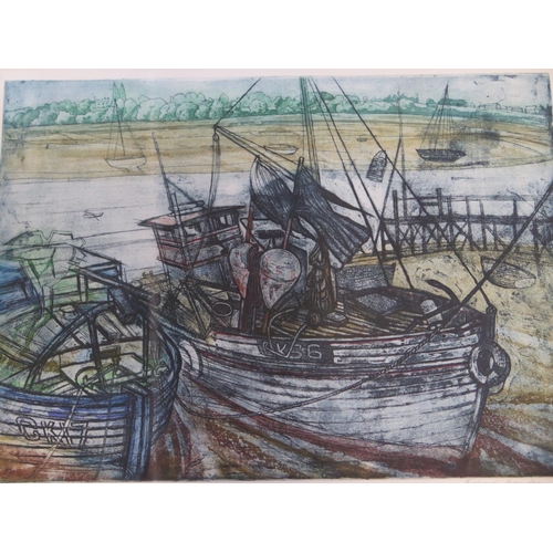 456 - Richard Bawden signed coloured etching - On The Mud Wivenhoe - 26/75 - 43cm x 56cm - good condition,... 