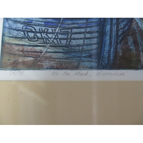 456 - Richard Bawden signed coloured etching - On The Mud Wivenhoe - 26/75 - 43cm x 56cm - good condition,... 