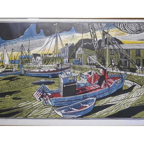 458 - Richard Bawden signed coloured woodblock print - Wivenhoe Waterfront - 5/75 - 55cm x 86cm - good con... 