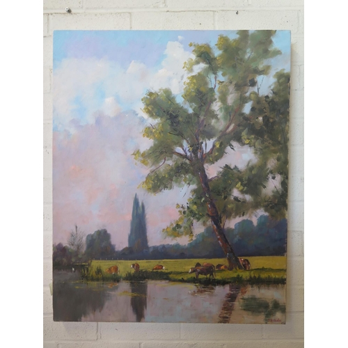 462 - John Rohda cattle grazing by the Great Ouse near Waterbeach - 76cm x 61cm