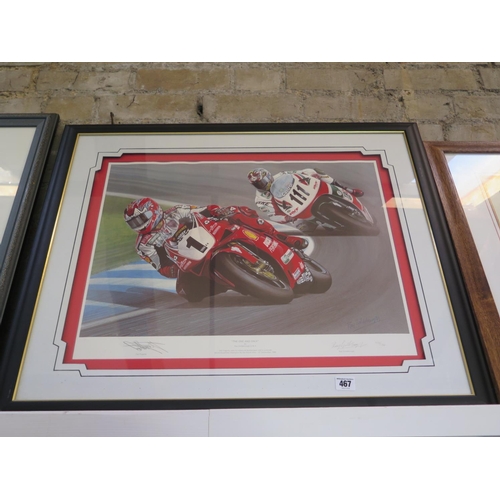 467 - Two signed motorcycle racing prints - Double Dutch and The One and Only - and a Stuart Booth print