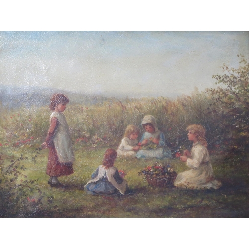 471 - An oil on canvas children picking flowers signed L Watt - 22cm x 29cm - under glass in a gilt frame