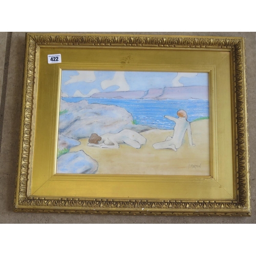 476 - G Martin - Deux baigneuses sur le plage - Mixed medium - 24cm x 34cm - signed, inscribed verso