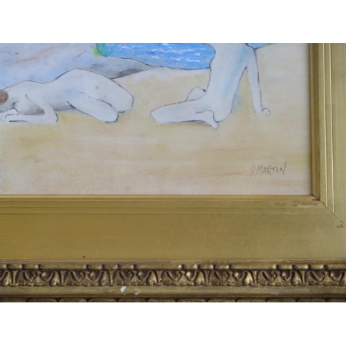 476 - G Martin - Deux baigneuses sur le plage - Mixed medium - 24cm x 34cm - signed, inscribed verso