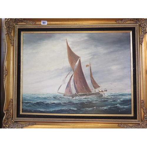 481 - Two gilt framed oils on canvas of the sailing barge Canberra under sail - both 77cm x 65cm - both si... 