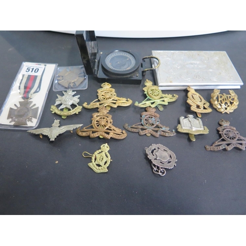 510 - Eleven British Army cap badges, a silver fob, two German World War One Honour Cross Medals, a white ... 