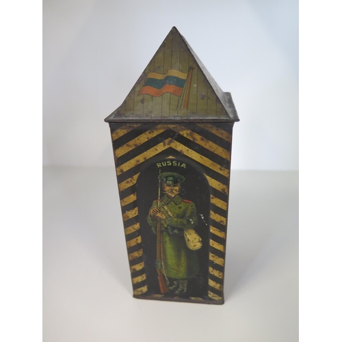 534 - A Huntley and Palmers Sentry box tin with Soldiers of England, Russia, France, Belgium - Height 18cm... 