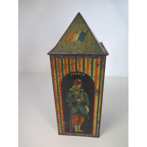 534 - A Huntley and Palmers Sentry box tin with Soldiers of England, Russia, France, Belgium - Height 18cm... 