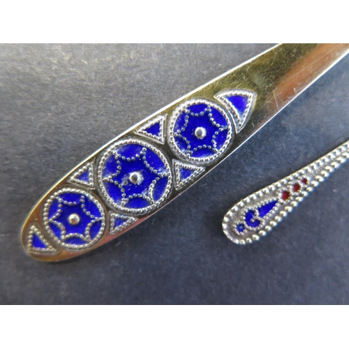 663 - A Russian gilt 875 silver enamel teaspoon - Length 11.5cm - and two Russian gilt 875 silver salt spo... 