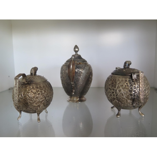 665 - An Indian silver teapot - Height 15cm - and a small Indian silver teapot and a lidded bowl - total s... 