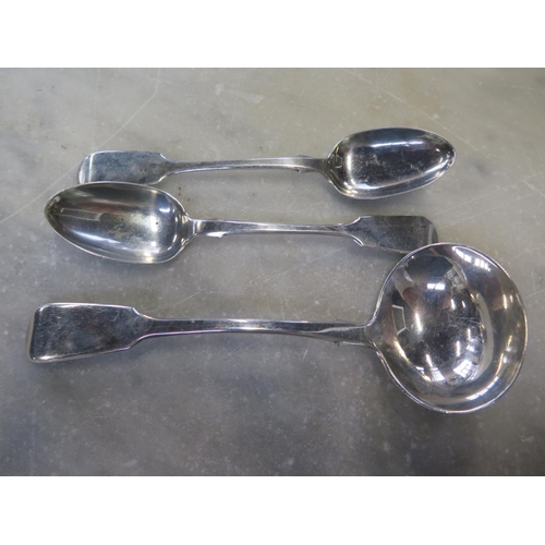 675 - A hallmarked Irish silver ladle and two teaspoons, Dublin 1853/54, 1865/66 - total approx weight 3.6... 