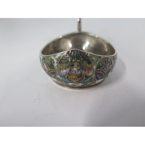 683 - A Russian silver and cloisonne enamel Faberge Kovsh 88 standard, the handle decorated as two Owls - ... 