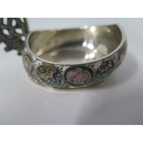 683 - A Russian silver and cloisonne enamel Faberge Kovsh 88 standard, the handle decorated as two Owls - ... 