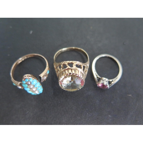 816 - Three 9ct gold rings, one yellow gold with turquoise and pearls size P/Q, one yellow gold with oval ... 